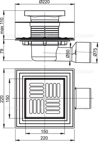APV3444 Сливной трап 150 × 150/50/75, подводка – боковая, решетка – нержавеющая сталь, фланец –нерж сталь Alca Plast в Приморско-Ахтарске